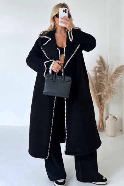 Wavy Edge Lapel Collar Long Sleeve Loose Fit Woolen Coat-Black-Hayhty.All Rights Reserved.