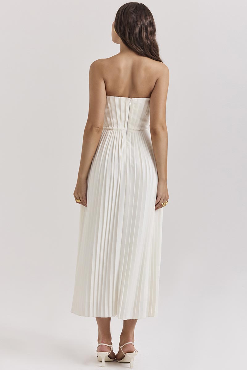 Strapless Corset Pleated Elegant Party Gown Midi Dresses-White-Hayhty.All Rights Reserved.