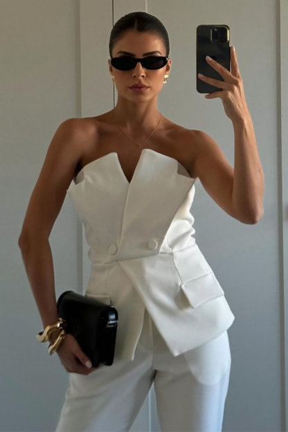 V Neck Strapless Slit Top Flare Pants Matching Set-White-Hayhty.All Rights Reserved.
