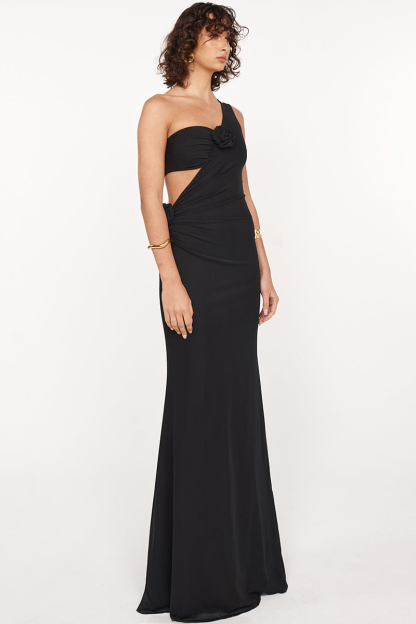 3D Flower Ruched Backless One Shoulder Gowns Maxi Dresses-Black-Hayhty.All Rights Reserved.