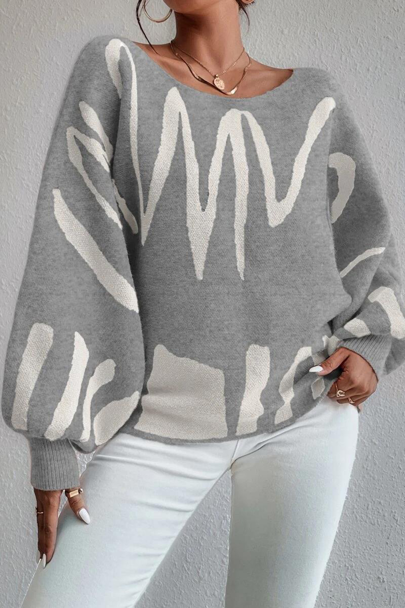 Knit Pattern Print Balloon Sleeve Sweater-Blue-Hayhty.All Rights Reserved.