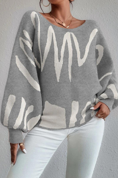 Knit Pattern Print Balloon Sleeve Sweater-Blue-Hayhty.All Rights Reserved.