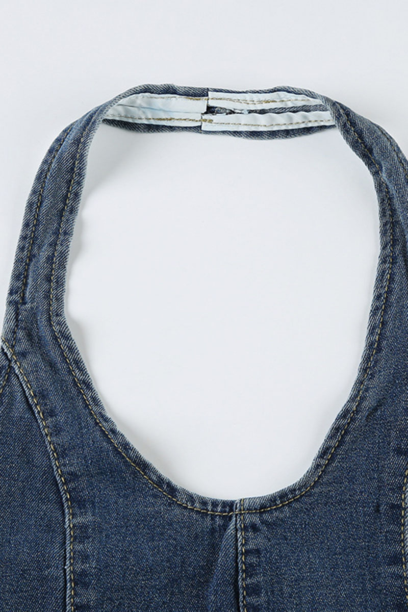 V Neck Halter Backless Frayed Butterfly Patch Denim Crop Top-Blue-Hayhty.All Rights Reserved.