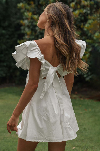 Deep V Neck Ruffle Short Sleeve Bow Cut Out A-Line Mini Dress-Hayhty.All Rights Reserved.
