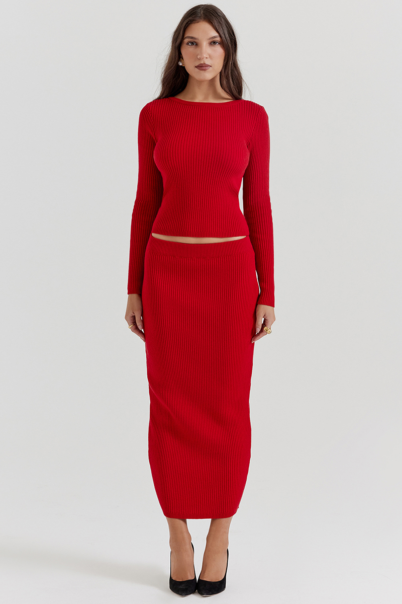 Pit Knit Long Sleeve Ribbon Back Crop Top Solid Midi Skirt Matching Set-Red-Hayhty.All Rights Reserved.