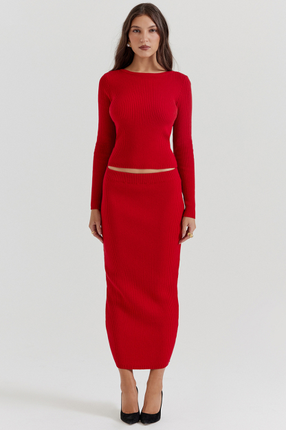 Pit Knit Long Sleeve Ribbon Back Crop Top Solid Midi Skirt Matching Set-Red-Hayhty.All Rights Reserved.
