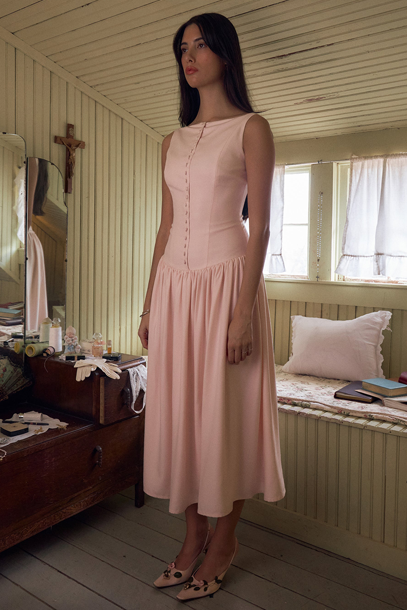 Boat Neck Button Up Cinch Waist Backless Pleated Hem Sleeveless Midi Dresses-Pink-Hayhty.All Rights Reserved.