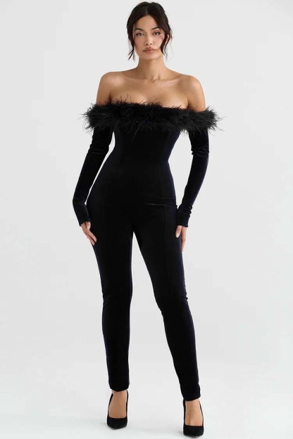 Off Shoulder Feather Trim Long Sleeve Velvet Jumpsuit-Hayhty.All Rights Reserved.