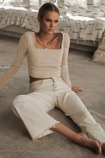 Square Neck Back Lace Up Tied Slim Top-Hayhty.All Rights Reserved.