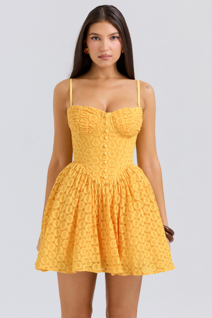 Daisy Pattern Lace Cinch Waist Slip Mini Dresses-Yellow-Hayhty.All Rights Reserved.