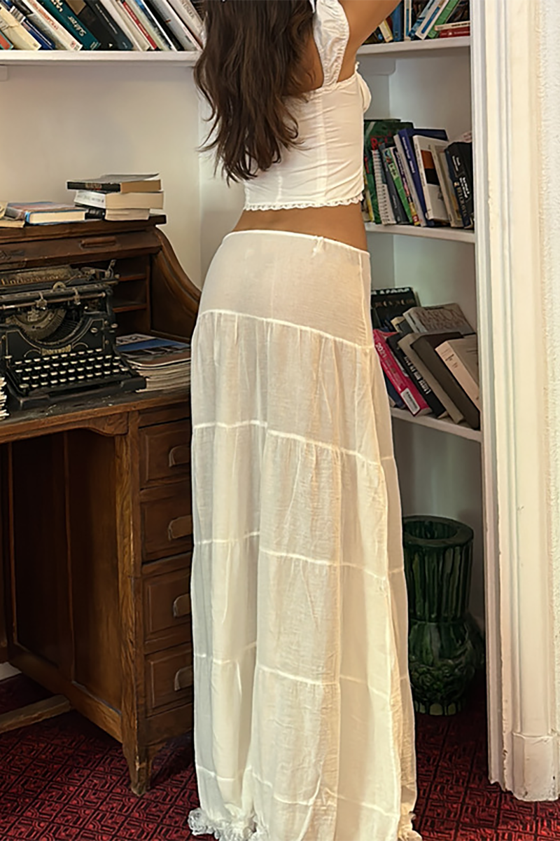 Lace Trim Front Lace Up Wide Strap Crop Top Ruffled Hemline Maxi Skirt Matching Set-White-Hayhty.All Rights Reserved.