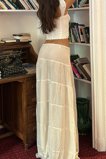Lace Trim Front Lace Up Wide Strap Crop Top Ruffled Hemline Maxi Skirt Matching Set-White-Hayhty.All Rights Reserved.