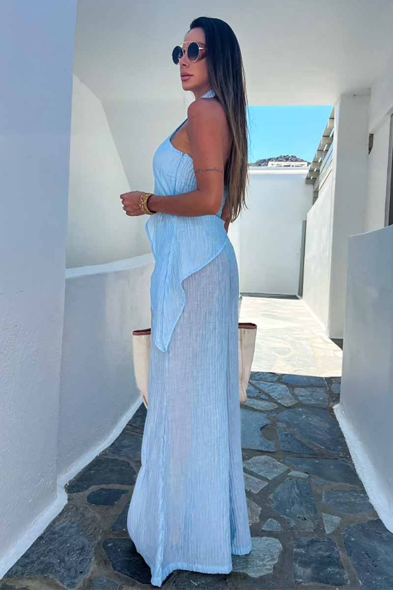 High Neck Sleeveless Irregular Top Wide Leg Pants 2pcs Set-Blue-Hayhty.All Rights Reserved.