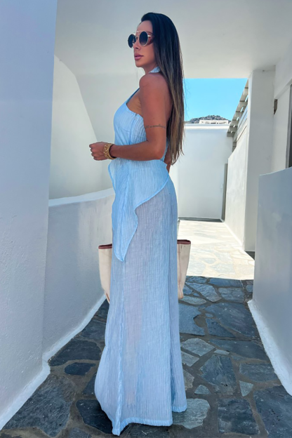 High Neck Sleeveless Irregular Top Wide Leg Pants 2pcs Set-Blue-Hayhty.All Rights Reserved.