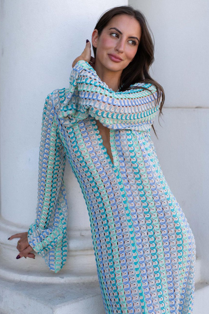 Crochet Abstract Striped Pattern Deep V Neck Flare Sleeve Slit Maxi Dresses-Green-Hayhty.All Rights Reserved.