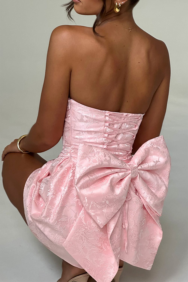 Jacquard Boat Neck A-Line Puffy Hem Back Bow Cocktail Party Mini Dresses-Pink-Hayhty.All Rights Reserved.