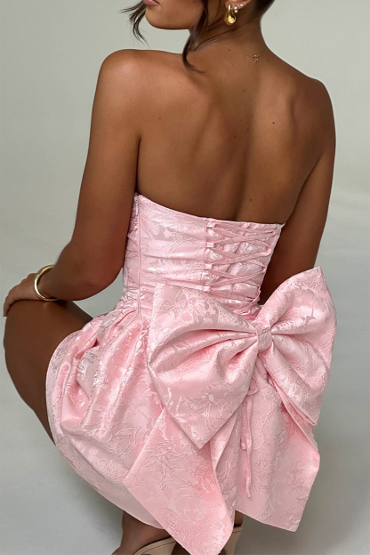 Jacquard Boat Neck A-Line Puffy Hem Back Bow Cocktail Party Mini Dresses-Pink-Hayhty.All Rights Reserved.