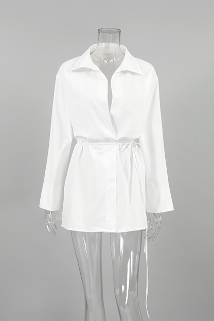 Turndown Collar Long Sleeve Tie Up Solid Color Side Slit Blouse-White-Hayhty.All Rights Reserved.
