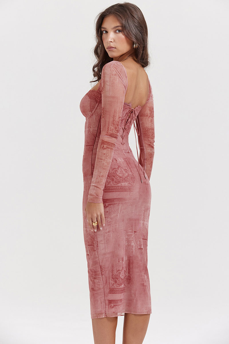 Mesh Pattern Print Square Neck Corset Long Sleeve Slim Fit Midi Dresses - Red-Hayhty.All Rights Reserved.