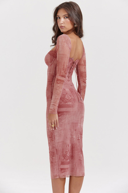 Mesh Pattern Print Square Neck Corset Long Sleeve Slim Fit Midi Dresses - Red-Hayhty.All Rights Reserved.