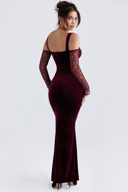 Cold Shoulder Lace Sleeve Bodycon Velvet Formal Party Maxi Dresses-Hayhty.All Rights Reserved.
