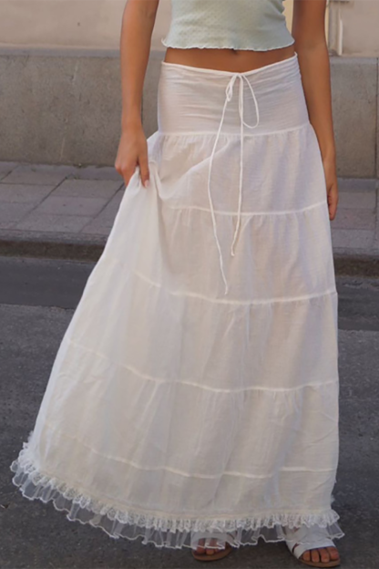 Lace Trim Front Lace Up Wide Strap Crop Top Ruffled Hemline Maxi Skirt Matching Set-White-Hayhty.All Rights Reserved.