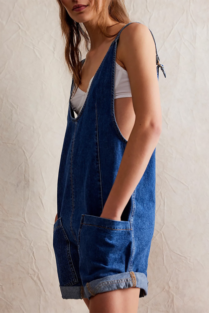 Deep V Neck Wide Straps Pockets Loose Fit Denim Casual Playsuit Romper-Blue-Hayhty.All Rights Reserved.