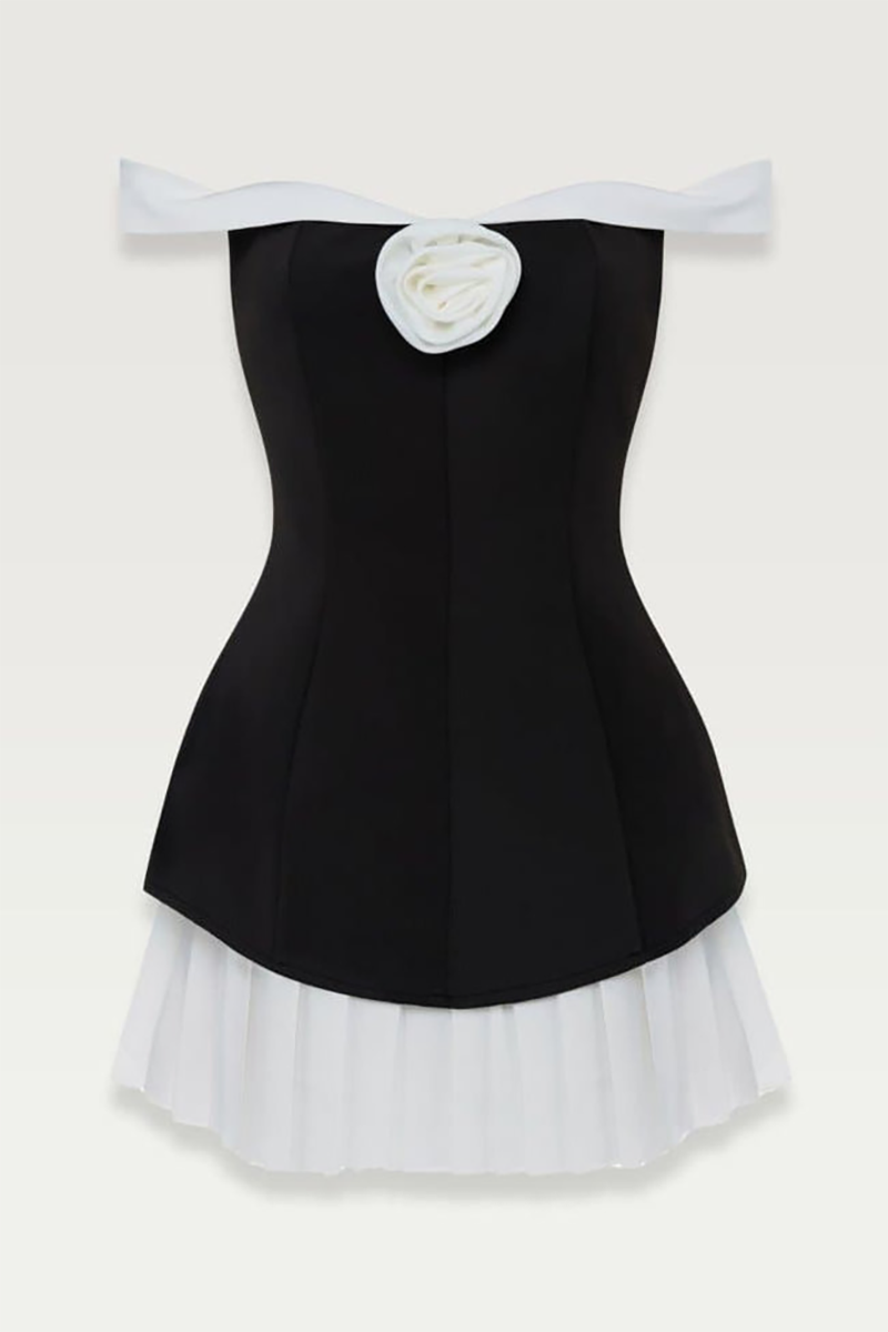 3D Flower Decor Cinch Waist Pleated Colorblock Mini Dresses-Black-Hayhty.All Rights Reserved.