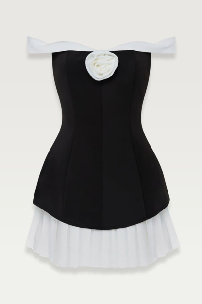 3D Flower Decor Cinch Waist Pleated Colorblock Mini Dresses-Black-Hayhty.All Rights Reserved.