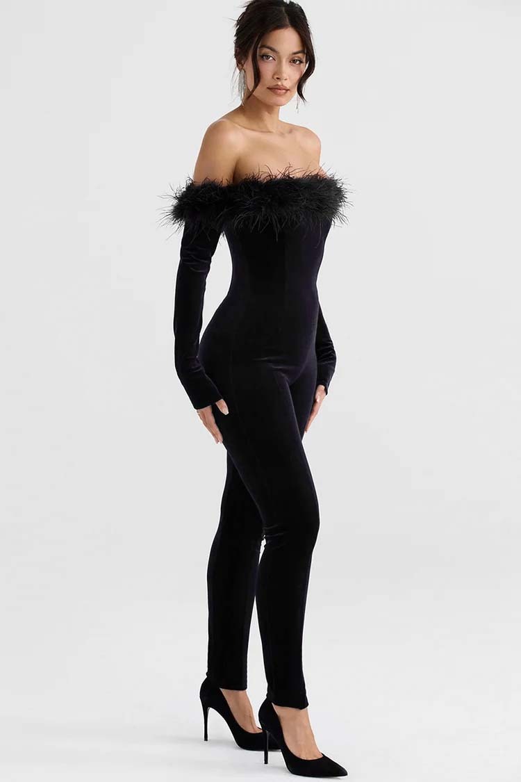 Off Shoulder Feather Trim Long Sleeve Velvet Jumpsuit-Hayhty.All Rights Reserved.