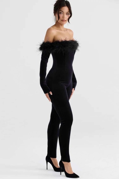 Off Shoulder Feather Trim Long Sleeve Velvet Jumpsuit-Hayhty.All Rights Reserved.