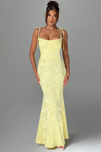 Lace Up Spaghetti Strap Slim Fit Jacquard Maxi Dresses-Yellow-Hayhty.All Rights Reserved.