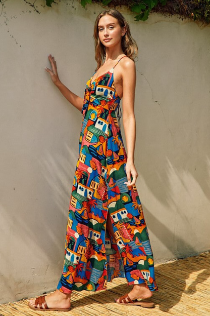 Multicolor Pattern Deep V Neck Backless Slip Maxi Dresses-Red-Hayhty.All Rights Reserved.