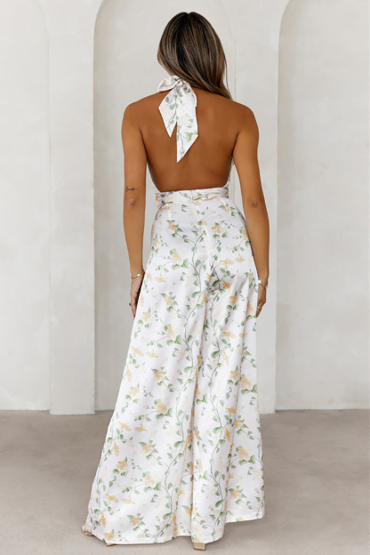 Floral Print Deep V Neck Halter Wide Leg Backless Jumpsuit-White-Hayhty.All Rights Reserved.
