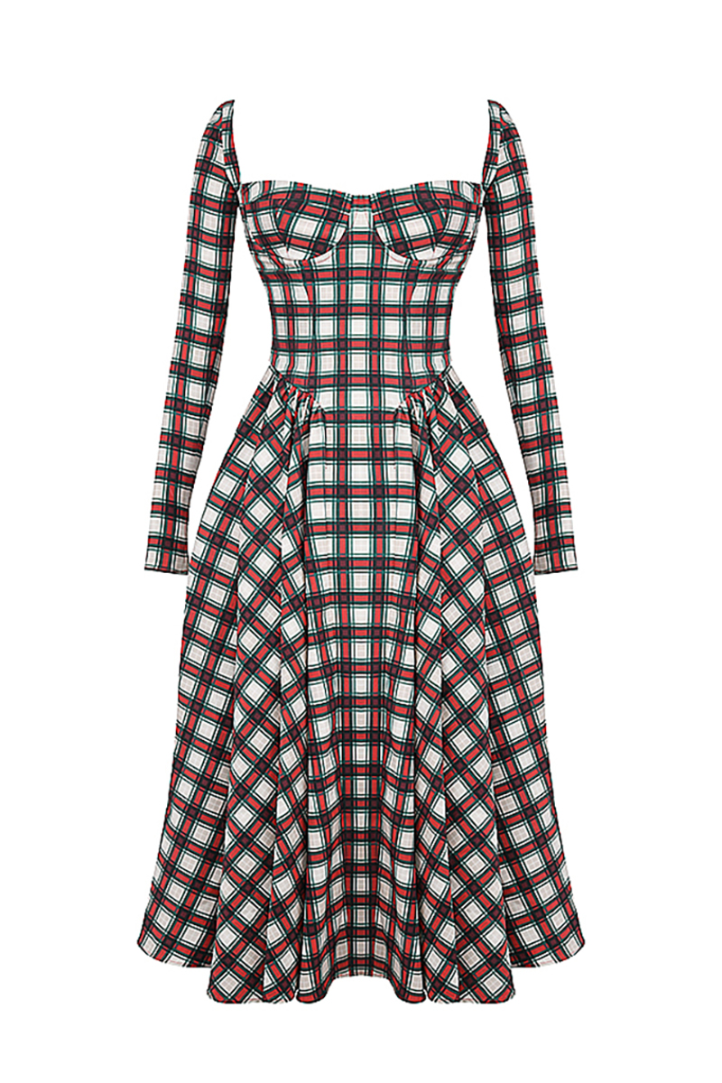 Plaid Pattern Long Sleeve Corset A-Line Pleated Midi Dresses-Red-Hayhty.All Rights Reserved.