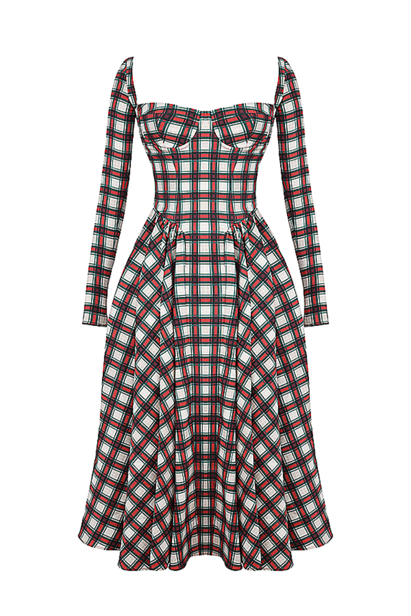 Plaid Pattern Long Sleeve Corset A-Line Pleated Midi Dresses-Red-Hayhty.All Rights Reserved.