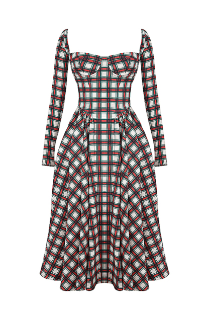 Plaid Pattern Long Sleeve Corset A-Line Pleated Midi Dresses-Red-Hayhty.All Rights Reserved.