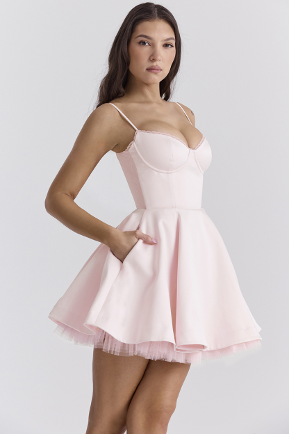 Spaghetti Strap Deep V Neck Cinch Waist Mini Dresses-Pink-Hayhty.All Rights Reserved.