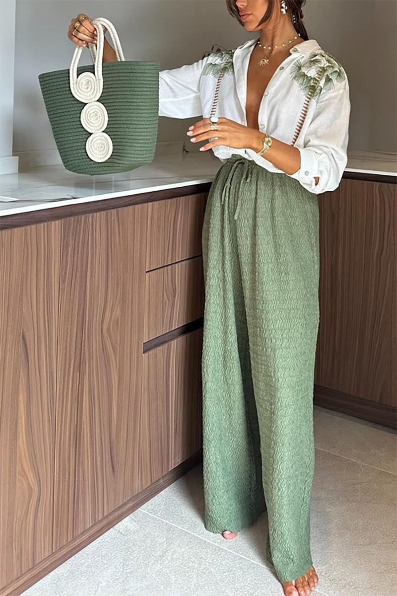 Plants Pattern Turndown Collar Blouse Wide Leg Pants Matching Set-Green-Hayhty.All Rights Reserved.