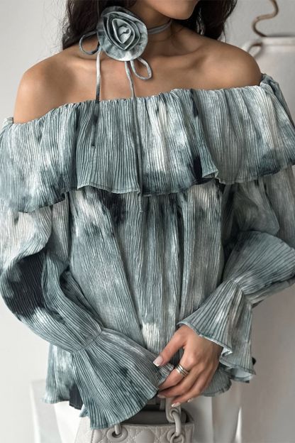 Ink Painting Print Off Shoulder Ruffled Overlay Flare Sleeve Top-Green-Hayhty.All Rights Reserved.