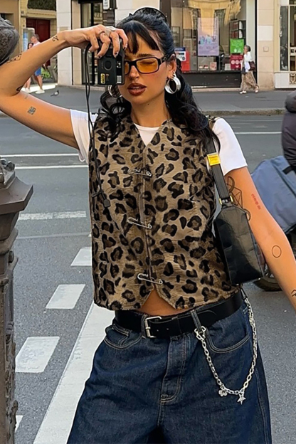 Leopard Pattern V Neck Safety Pins Outerwear Vest-LightBrown-Hayhty.All Rights Reserved.