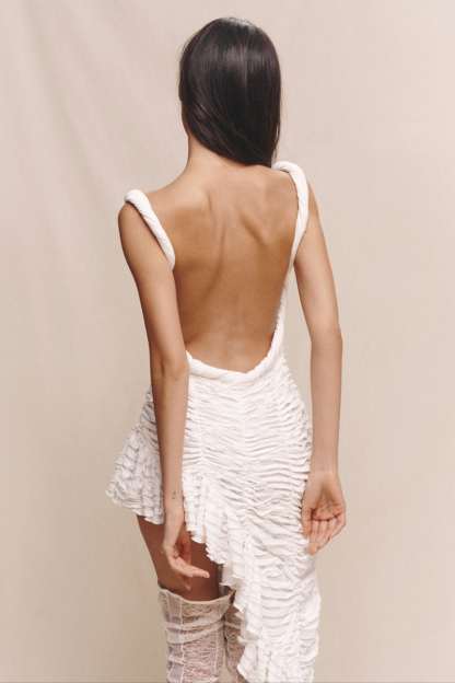 Ruched Backless Ruffled Asymmetrical Slip Maxi Dresses-White-Hayhty.All Rights Reserved.