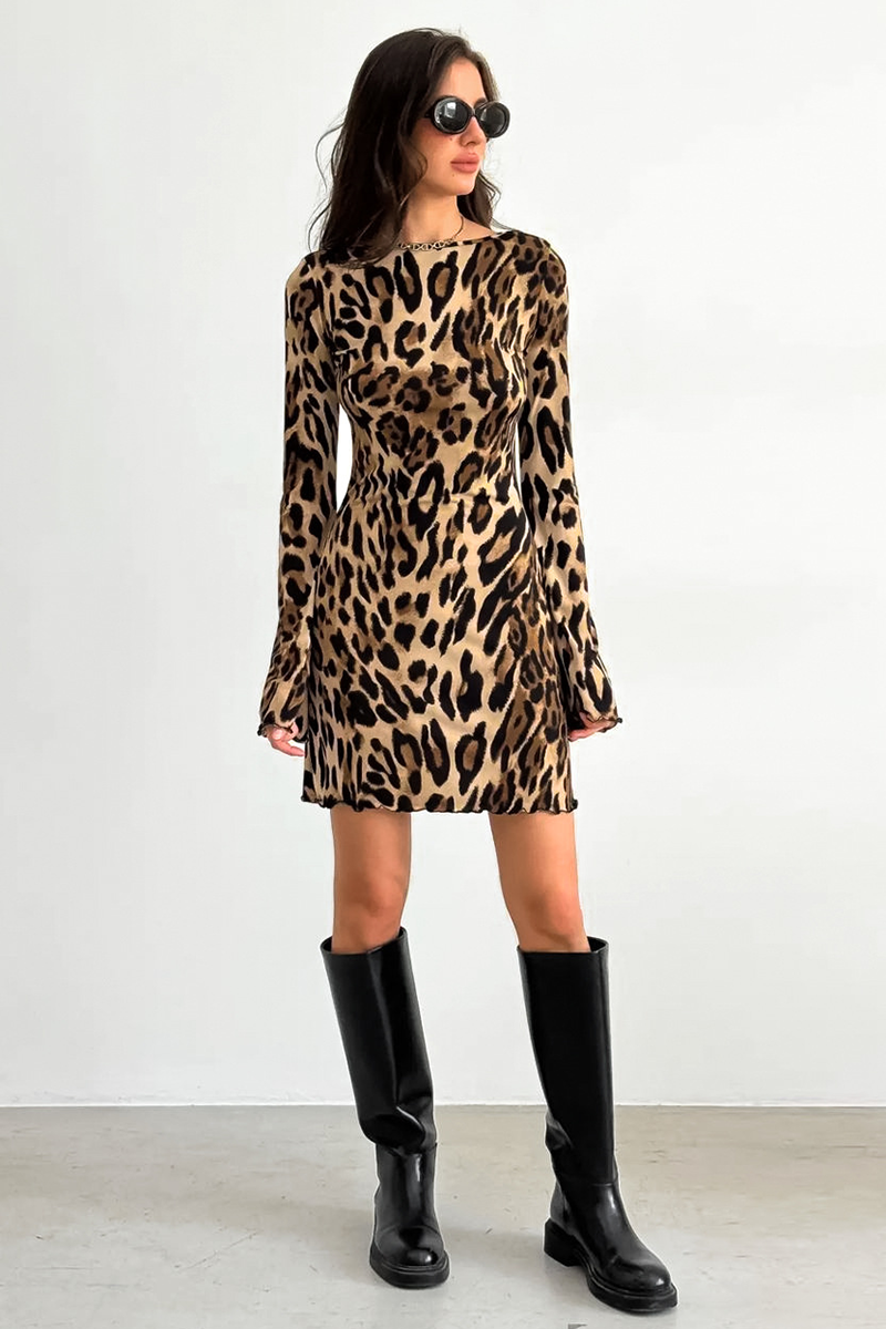 Leopard Print Long Sleeve Backless Slim Fit Mini Dresses-Brown-Hayhty.All Rights Reserved.