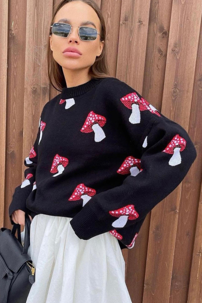 Mushroom Jacquard Pattern Round Neck Long Sleeve Loose Fit Sweater-Black-Hayhty.All Rights Reserved.