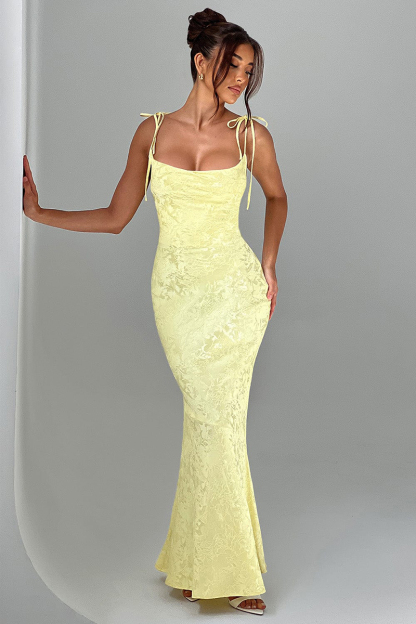 Lace Up Spaghetti Strap Slim Fit Jacquard Maxi Dresses-Yellow-Hayhty.All Rights Reserved.