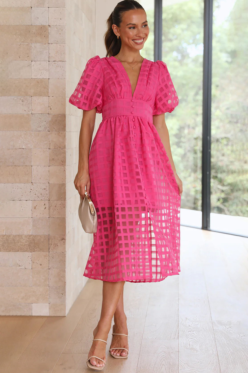 V Neck Lantern Short Sleeve Button Slit Mesh Plaid Vacation Midi Dress-Hayhty.All Rights Reserved.