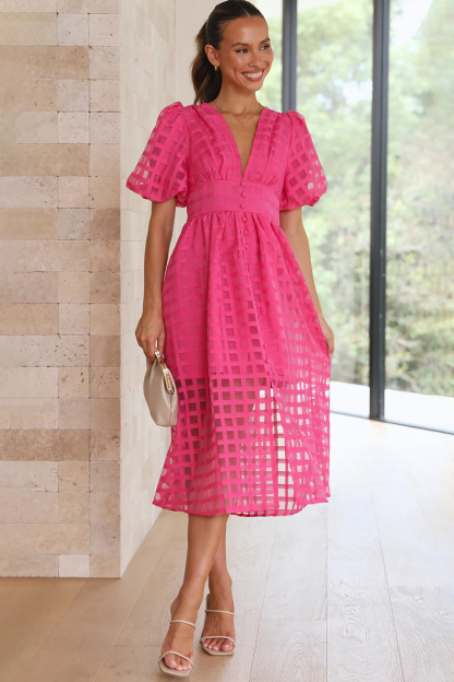 V Neck Lantern Short Sleeve Button Slit Mesh Plaid Vacation Midi Dress-Hayhty.All Rights Reserved.