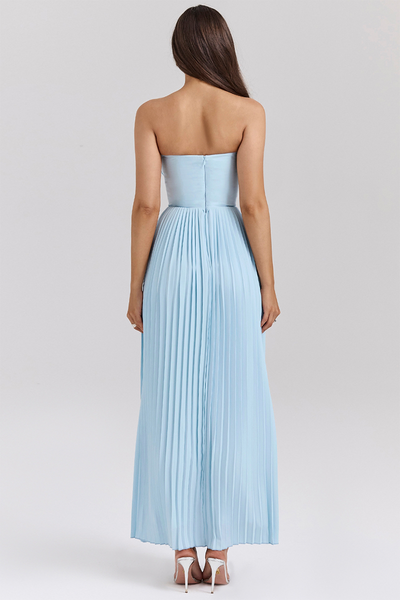 Strapless Cinch Waist Pleated Maxi Dresses-Blue-Hayhty.All Rights Reserved.