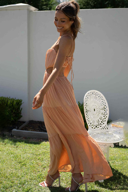 Ruched Cut Out Tiered Hem Vacation Slip Maxi Dress-Hayhty.All Rights Reserved.