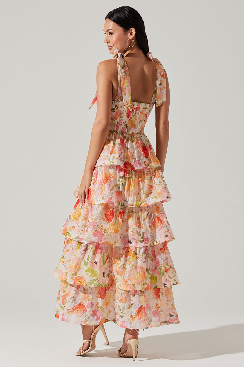 Tied Up Straps Floral Print Layered Hem Maxi Dresses-Orange-Hayhty.All Rights Reserved.